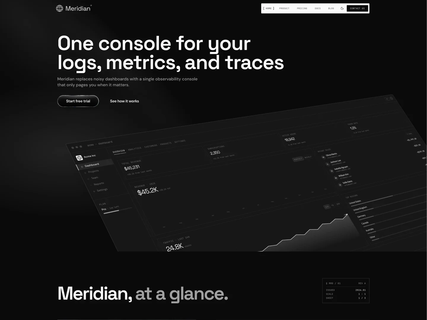 Meridian — one quiet console for logs, metrics, and traces - OG image